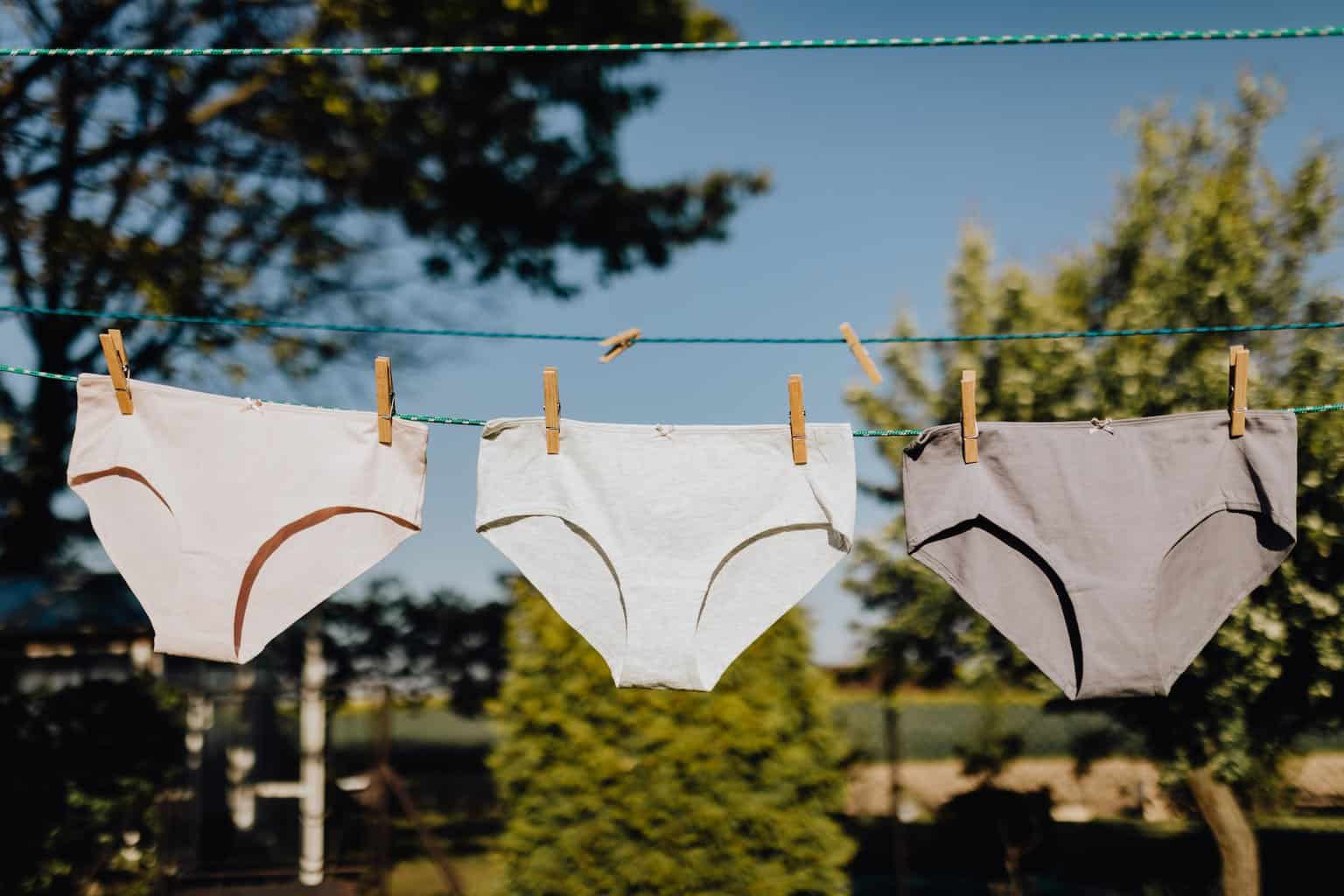 feminine underwear drying on rope with clothespins on fresh air