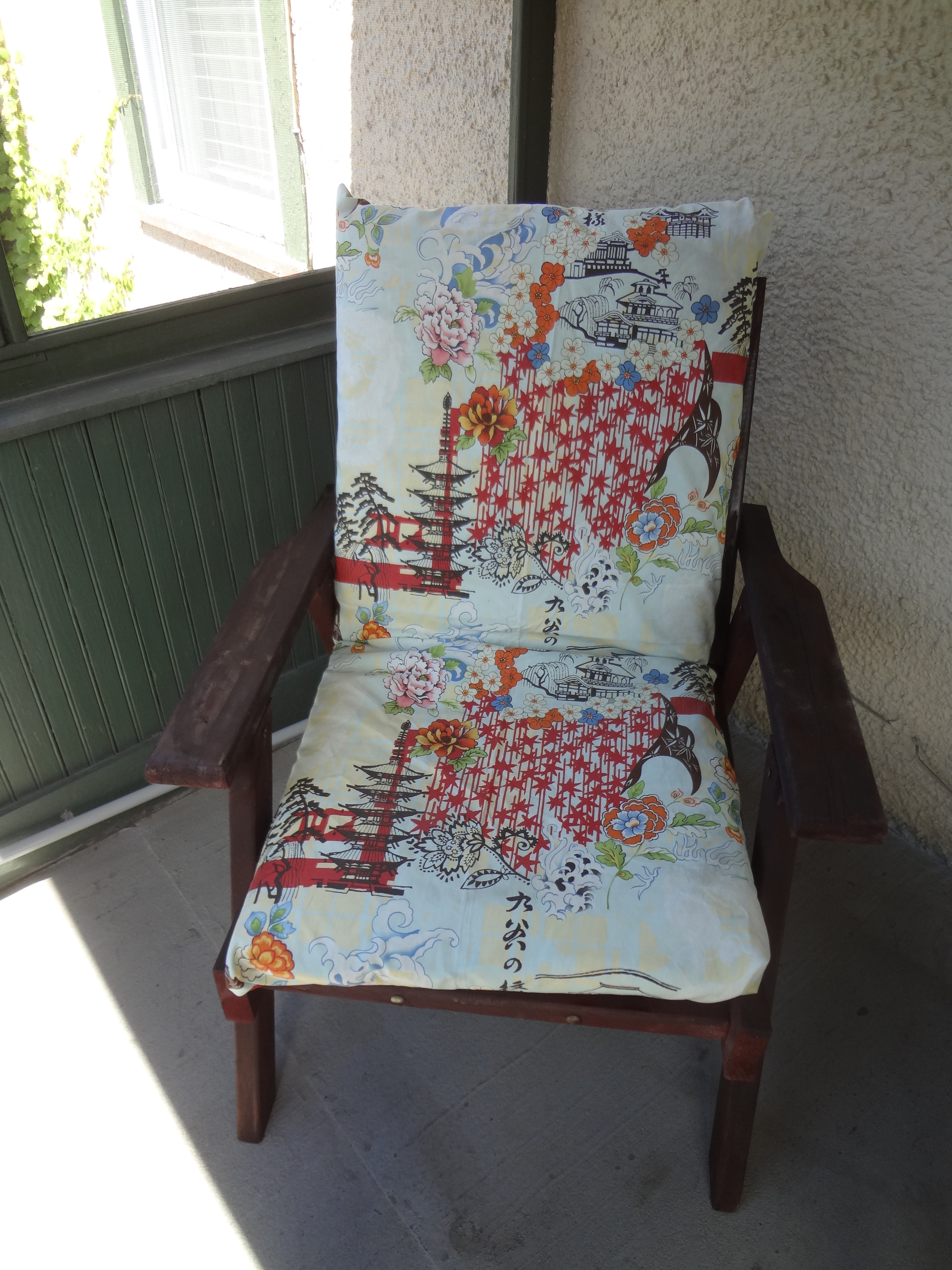 chair after, new cover, wood re-stained