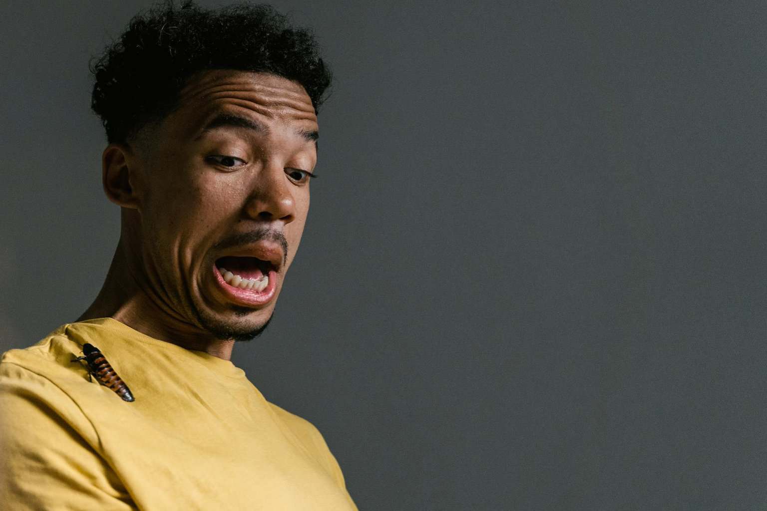 a fearful man having katsaridaphobia