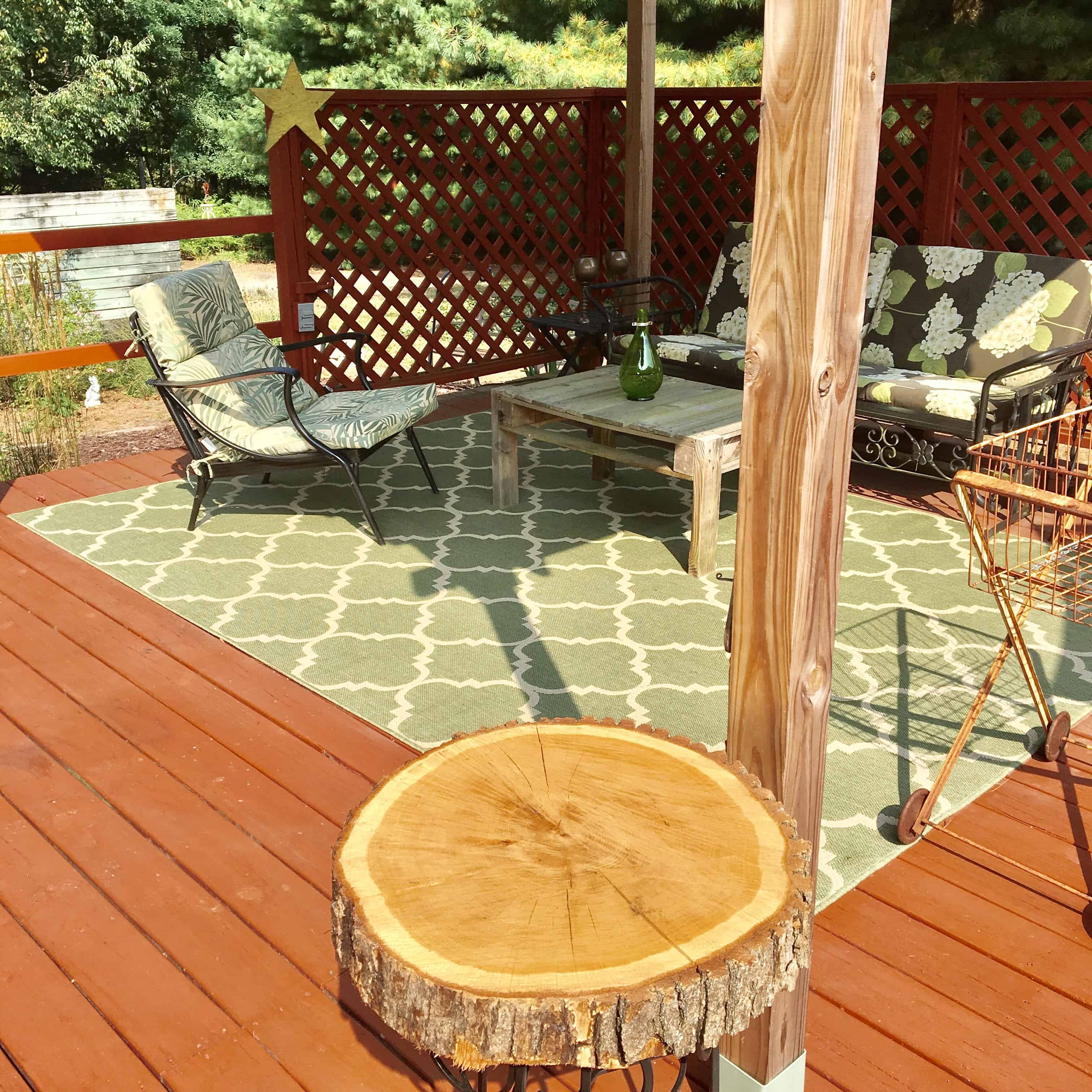 table with wood slice on top