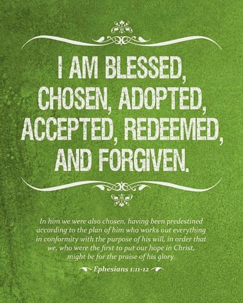 A text that reads, "I am blessed, chosen, adopted, accepted, redeemed, and forgiven. Ephesians 1:11-13