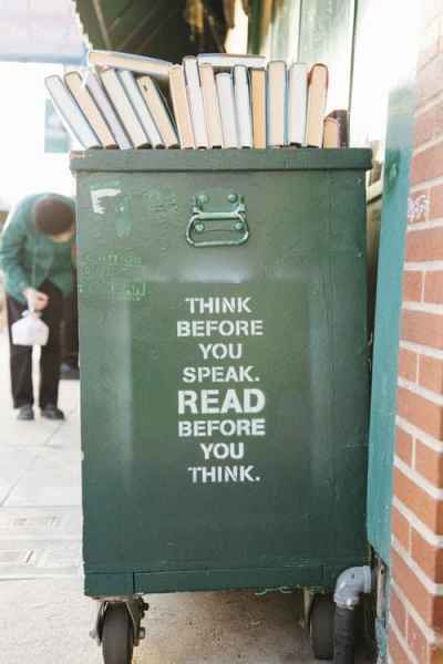 words on a garbage can, "think before you read"/words matter