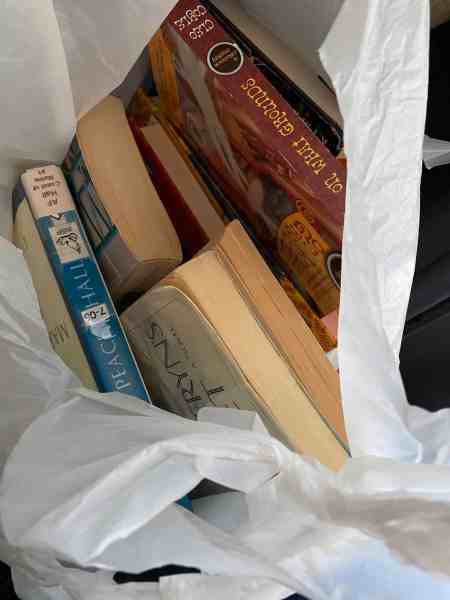 stacks of books/great garage sale finds