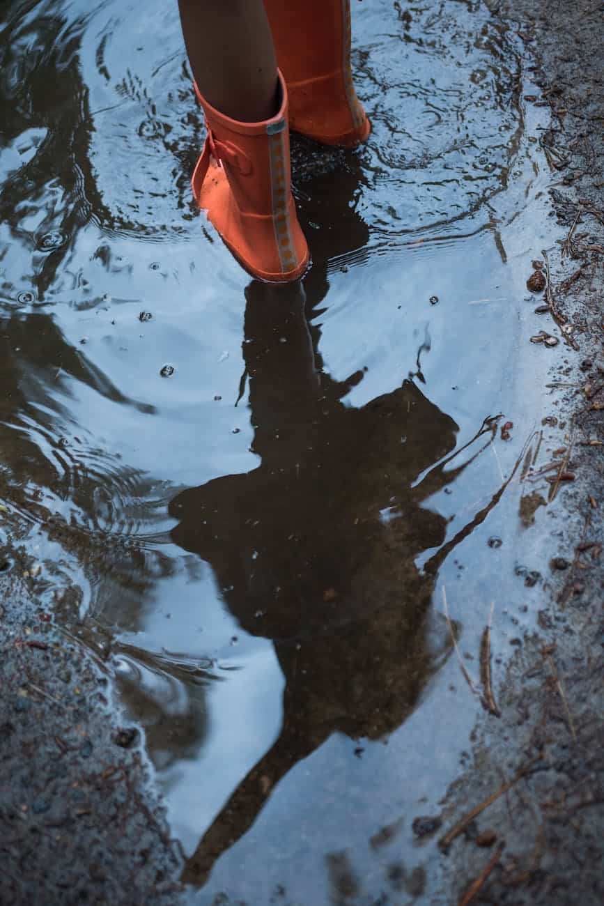 person standing on puddle/walking away before walking in