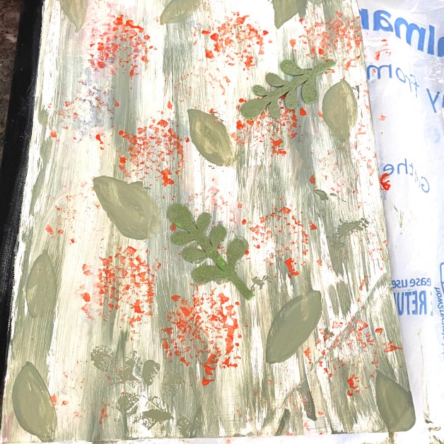 Alt text: A textured painting depicting green leaves with splatters of red paint, on a white background showing visible brushstrokes.