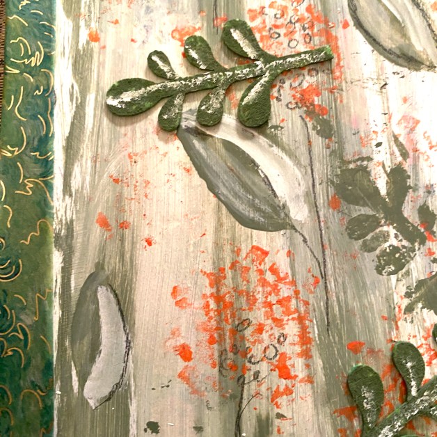Textured painting showcasing a silver-green foliage motif with raised leaf elements on a gray background streaked with white and splashes of red. The left border of the image has a pattern with gold and teal designs.