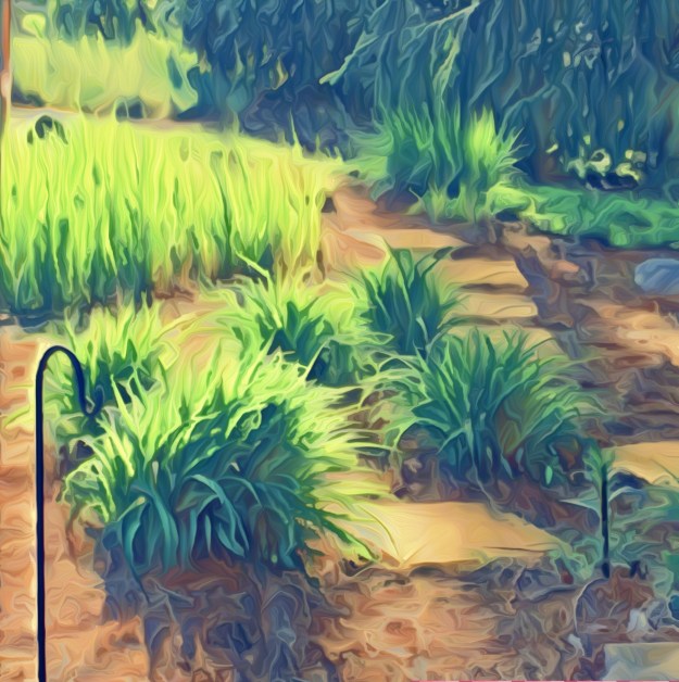 An artistic, oil painting-like image of a garden with lush green plants and a path lined with stepping stones, highlighted by bright, saturated colors/decision-making
.