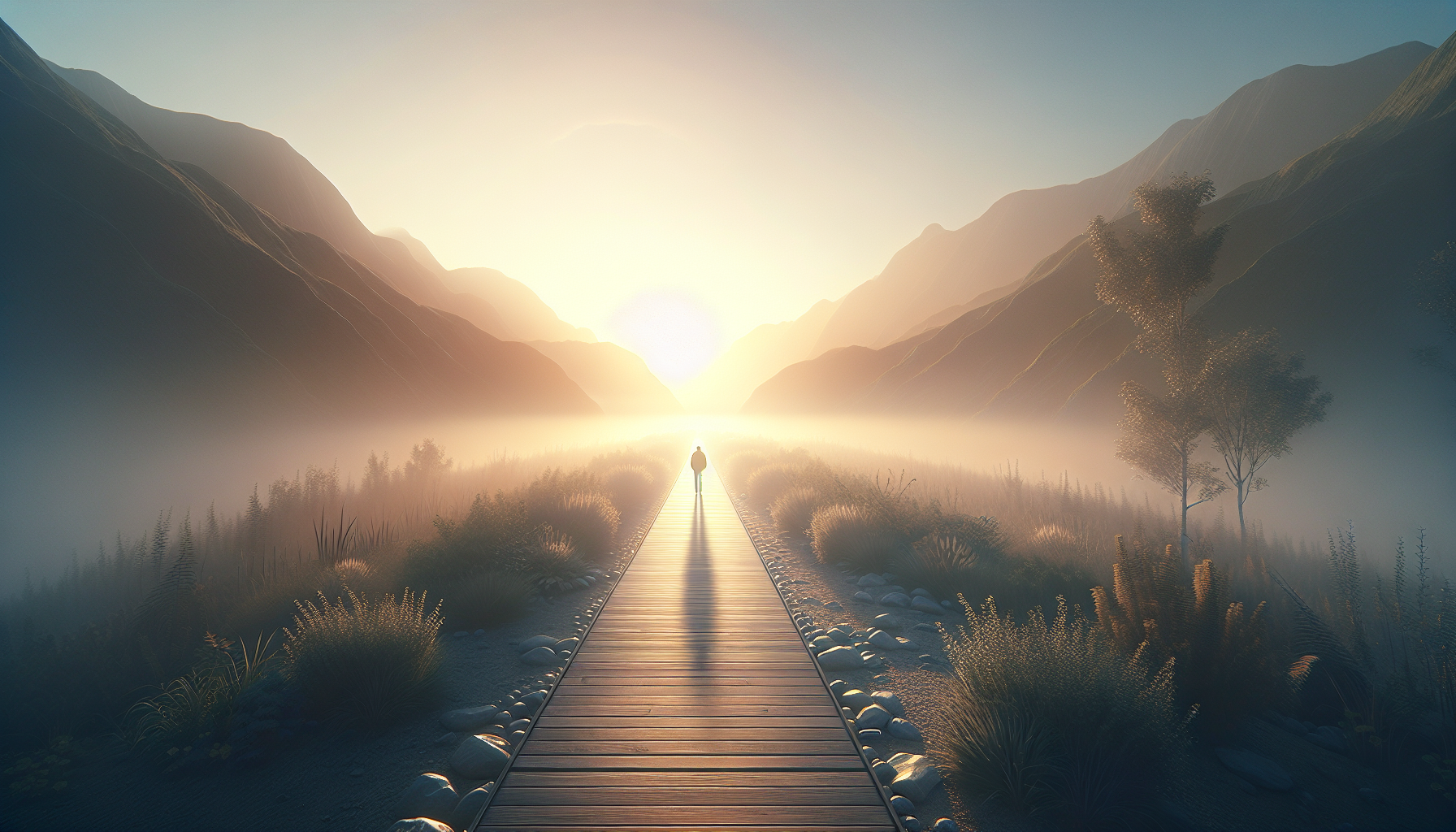 A lone silhouette stands at the end of a wooden boardwalk extending through a misty landscape towards the rising sun, with mountain silhouettes in the background.