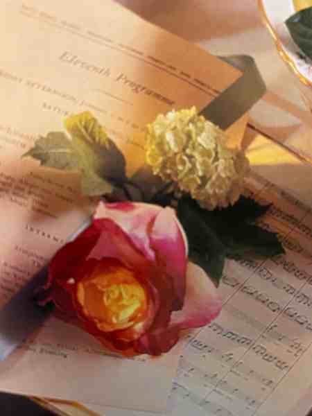 img_0633-450x600-1 | goodthoughtsgoodlives A single pink and yellow rose along with a small bunch of white flowers resting on sheets of music paper.