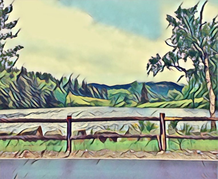 An artistic rendering of a scenic landscape with stylized trees on either side, overlooking a hilly terrain across a body of water, with a wooden fence in the foreground.