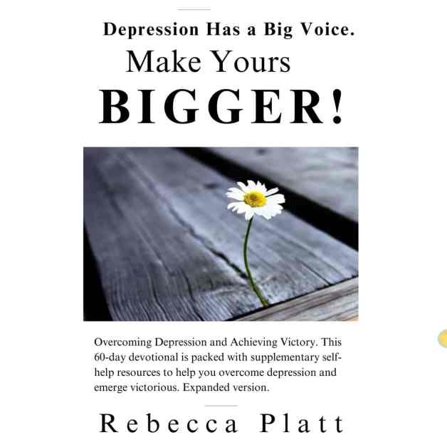 Book cover: 'Depression Has a Big Voice. Make Yours BIGGER!' with a daisy growing through cracked wood; by Rebecca Platt
