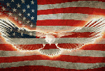 Stylized white eagle with outstretched wings in front of a waving American flag backdrop.
