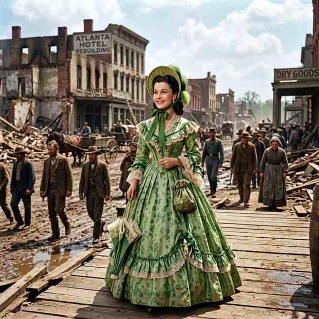 Woman in a bright green Victorian gown with a parasol walks along a wooden boardwalk as workers and ruins fill a post‑war town behind her.